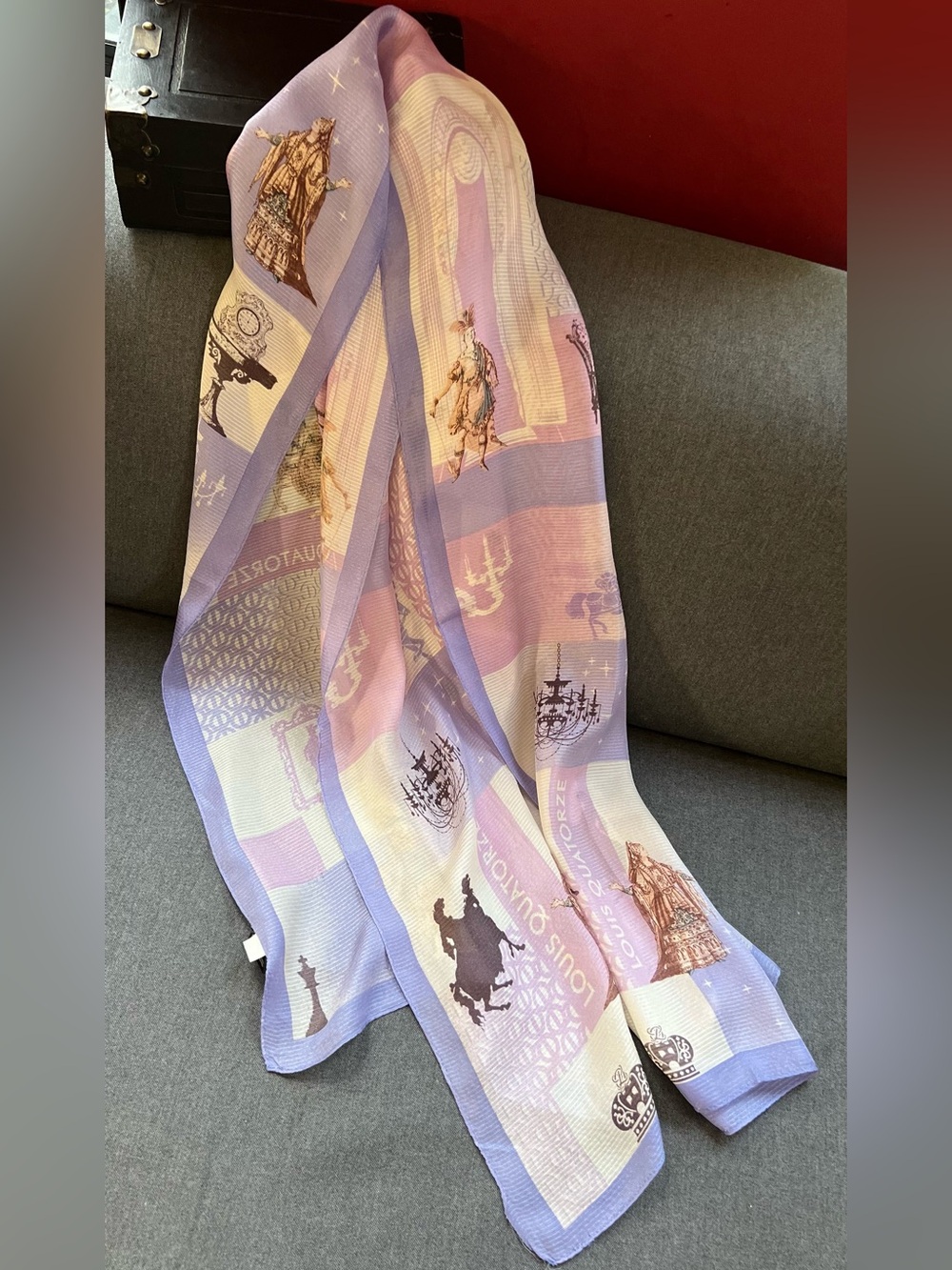 Vintage Louis Quatorze Lavender Pastel Silk Scarf French Style Monogram Wrap EUC